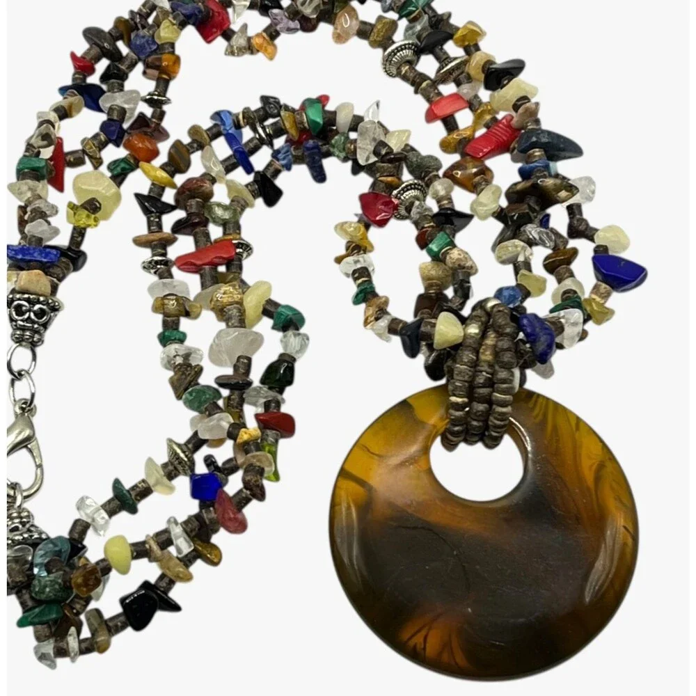 Boho Multi Gemstone Necklace Chunky Resin Pendant Layered Nugget Statement